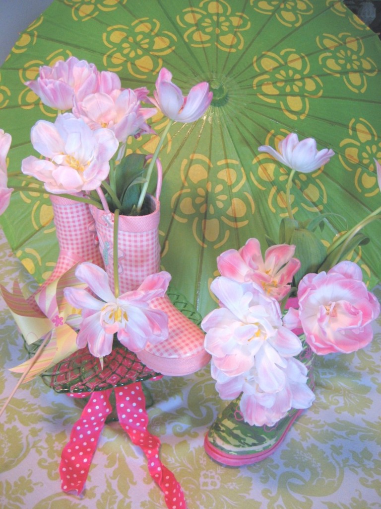 Tulips in galoshes flower arrangement