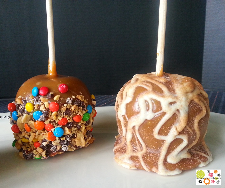 Caramel apple with white chocolate drizzle and cinnamon sugar