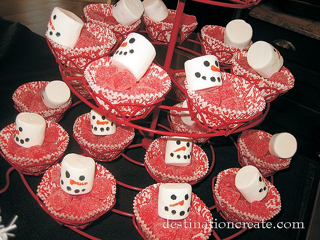 Snowman Table Setting with marshmallow snowmen and cinnamon jelly hearts