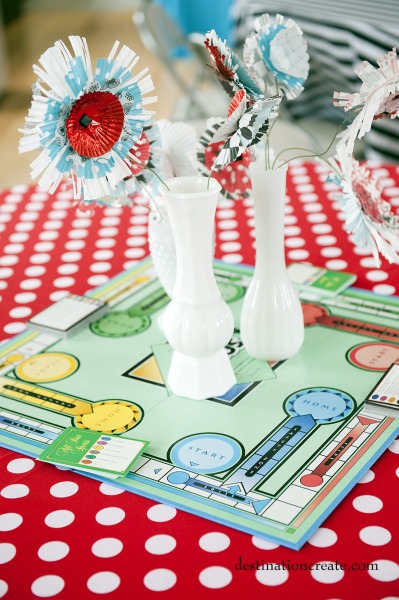 Game boards anchor the centerpieces for a game loving bride.