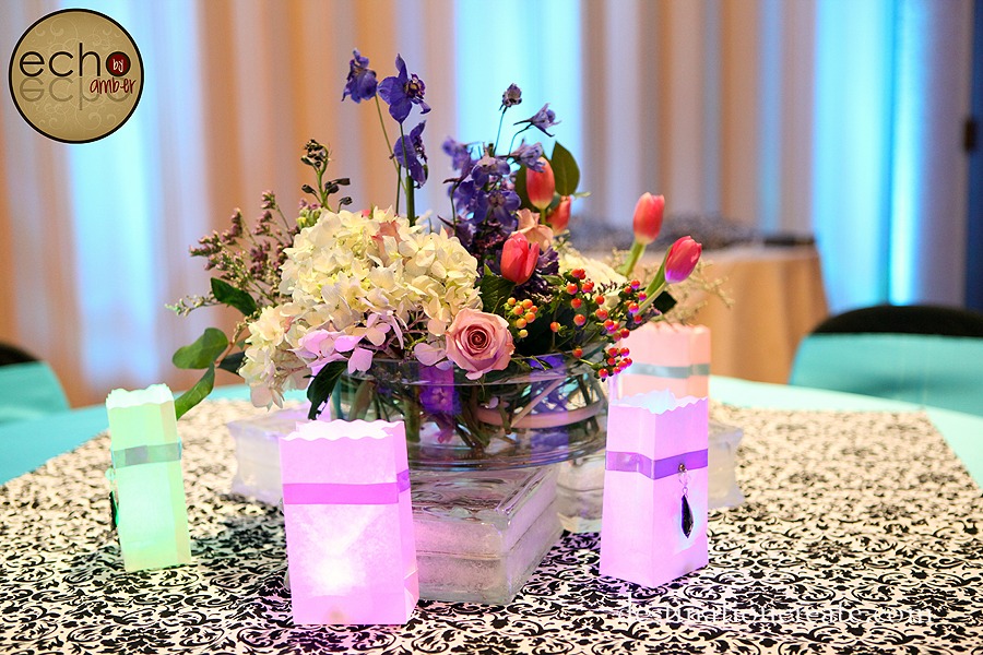 LDS Cultural Hall Reception...Black Damask with Purple & Blue: Destination Create specializes in LDS wedding reception decorating, styling, planning & specialty rentals.