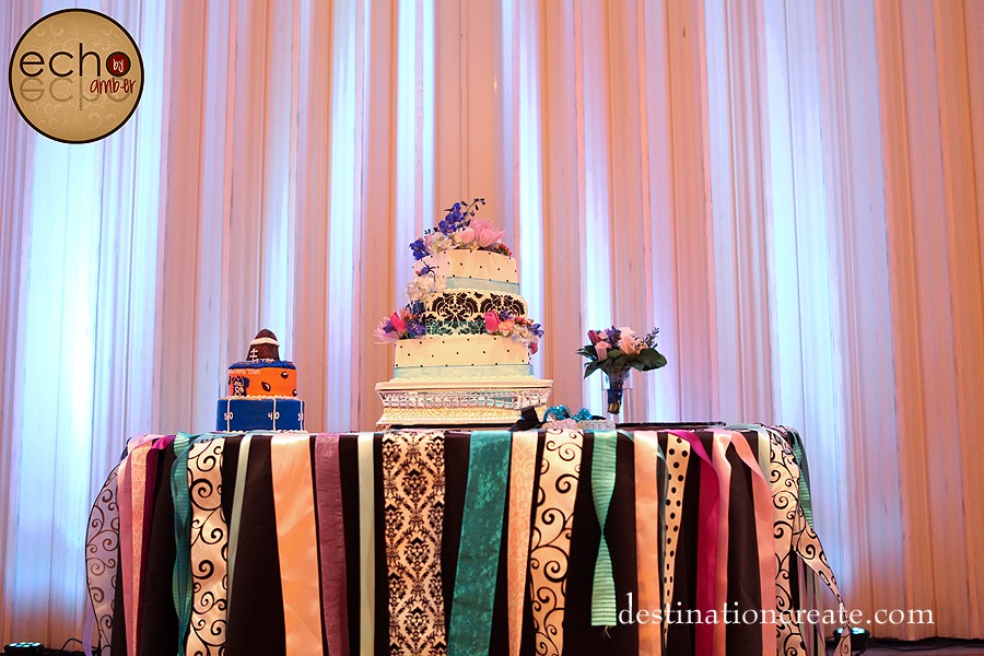 DIY Wedding-Black Damask, purple, blue- cake table