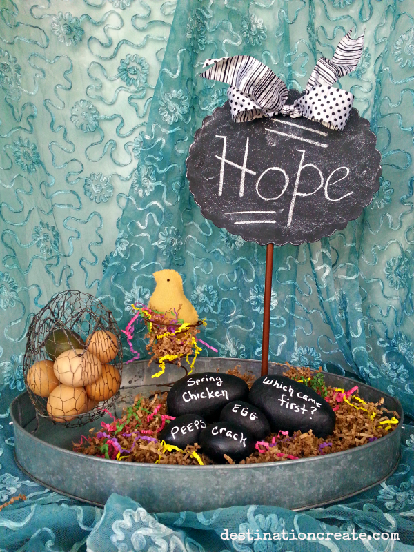 Easter mantel-chalkboard eggs & chick on a bed spring