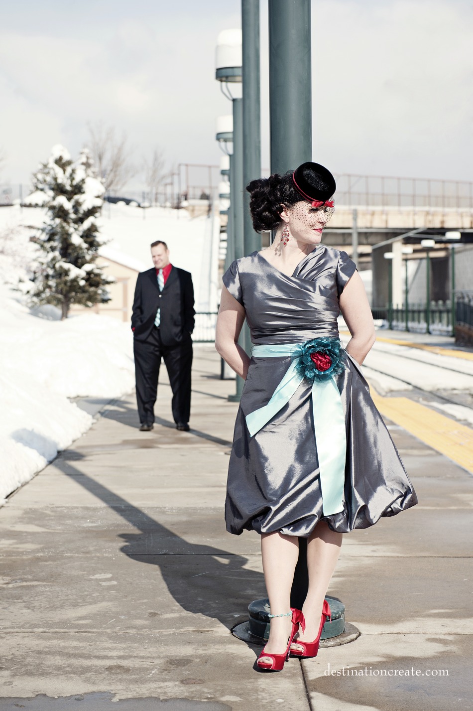 Vintage Wedding Denver-Noell & Ben in a foot of snow in downtown Littleton, CO.