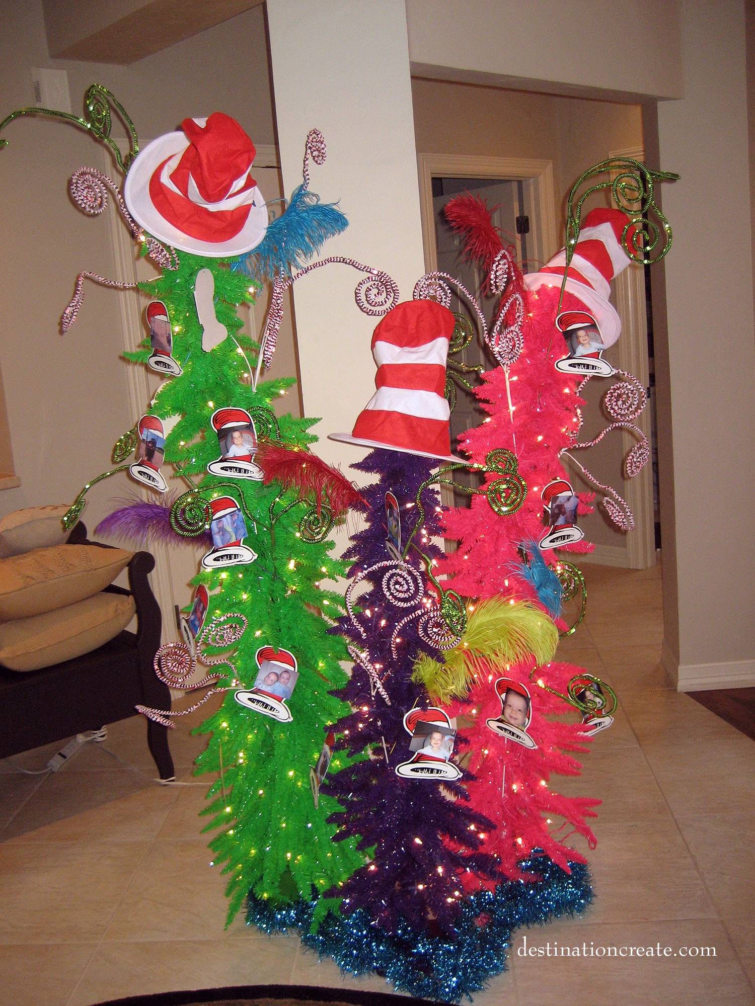 Use brightly colored funky Christmas trees to create a Dr. Seuss party decoration.