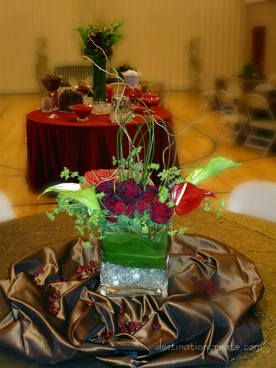 LDS Cultural Hall Reception...Red/Brown/Green: Destination Create specializes in LDS wedding reception decorating, styling, planning & specialty rentals.