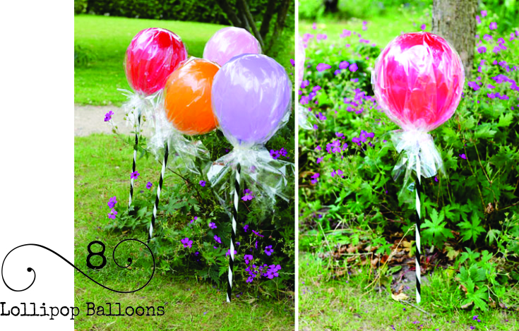 Oh my goodness...how cute is this? Cellophane wrapped balloons on a stick to create a lollipop garden!